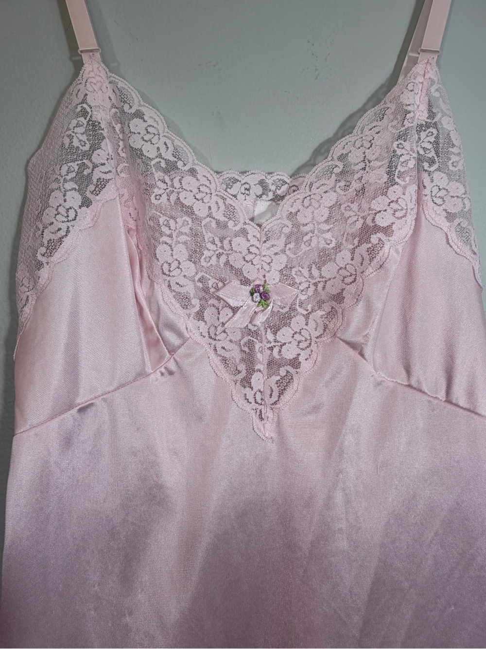 Vintage Delicate Pink Lace-Trim Satin Cami Floral Detail Size M Fairy Coquette - Picture 3 of 9